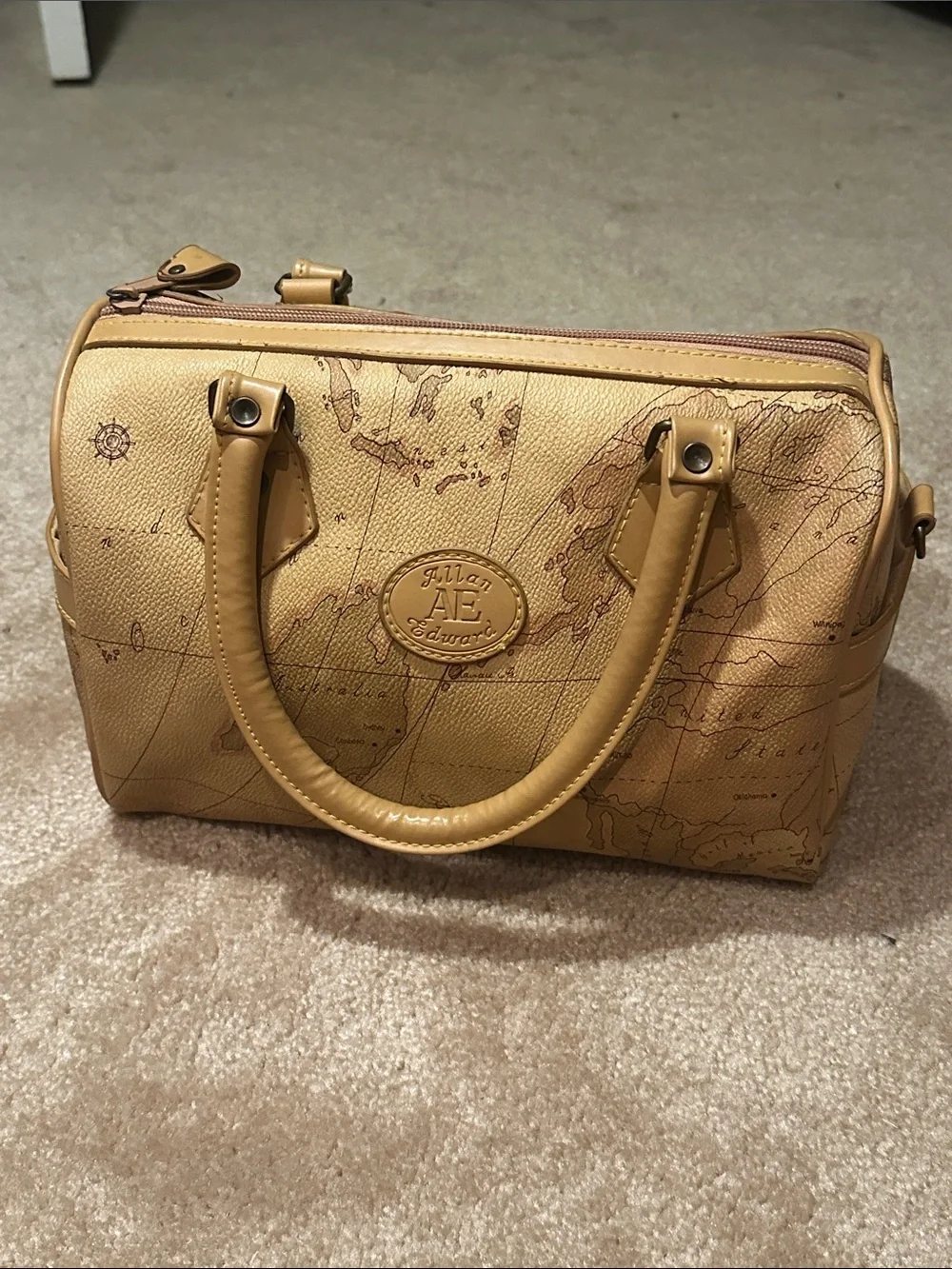 Allen Edward Leather-Look Map-Print Speedy Satchel in Tan